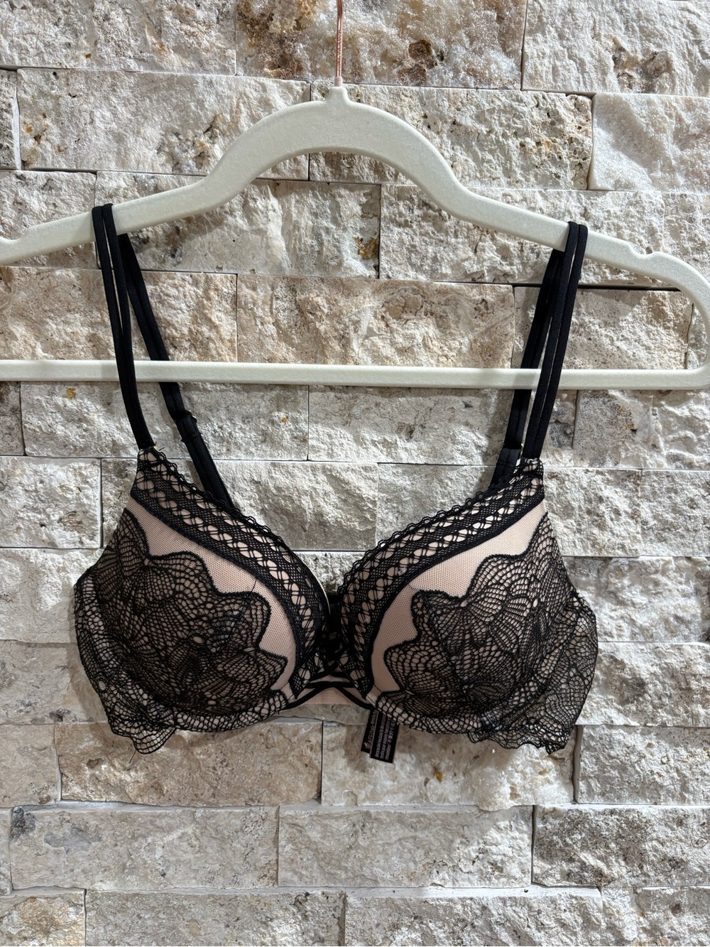 Victoria's Secret Black Lace Overlay on Nude Push-Up Bra 32B